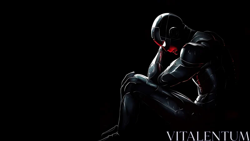 Solitary armored figure in side profile against dark void.