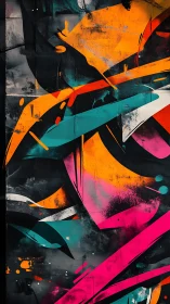 Angular neon graffiti forms intersect against textured dark wall