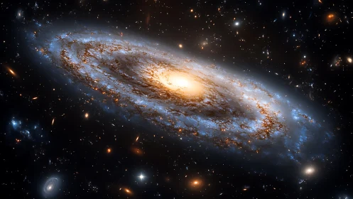 Edge-on spiral galaxy with luminous bulge and star-forming arms.