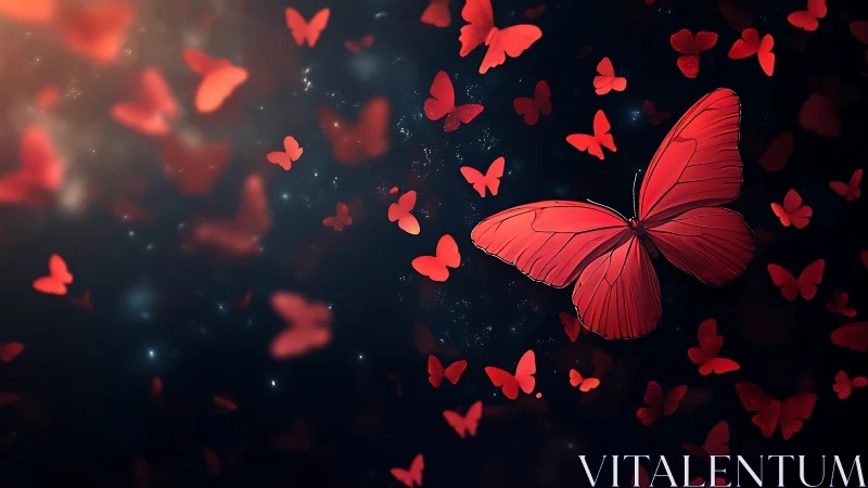 Red butterflies swarm across dark background in sharp focus