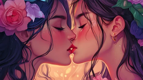 Two women kissing surrounded by pink flowers.