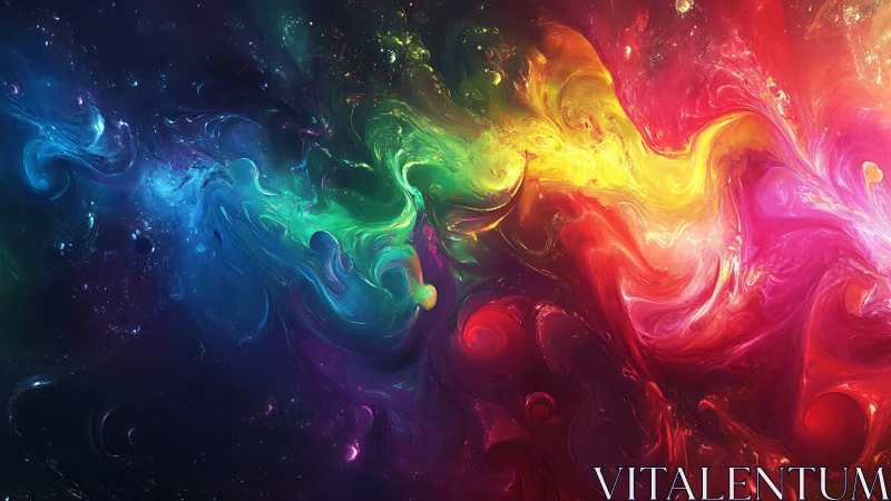 Celestial rainbow currents swirl through a molten cosmic sea.