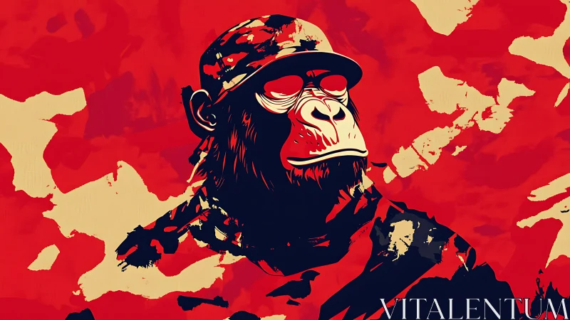 Stylized chimpanzee soldier portrait on abstract red field.