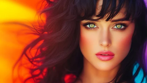 Vivid portrait highlights emerald eyes and neon spectrum glow.