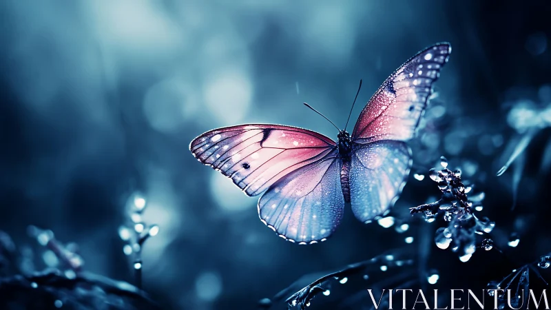 Bioluminescent butterfly rendered in cool cyan and magenta bokeh