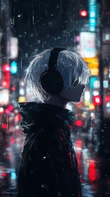 White haired youth walks through neon city rain at night
