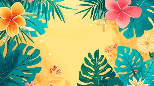 Tropical Bloom Symphony: Neon Petals Dance on Canary Canvas.