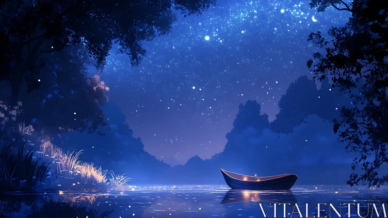 Silent river boat cradles starlight beneath a velvet sky