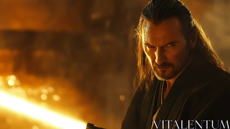 Male figure holds glowing blade in warm cinematic lighting