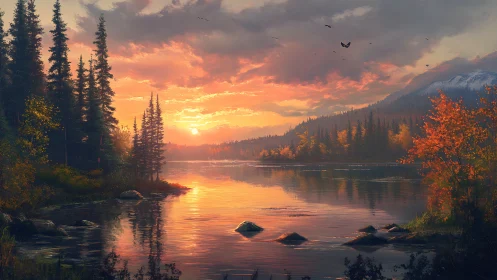 Golden sunset illuminates tranquil forest lake in autumn glow