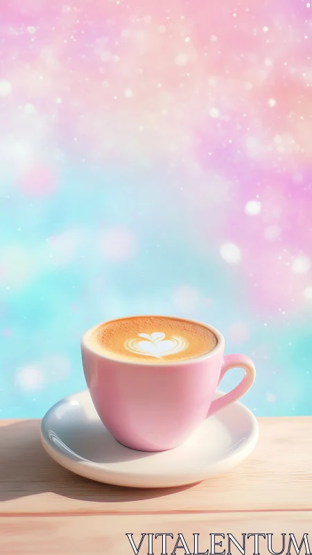 Pink cup latte art against soft pastel bokeh backdrop.
