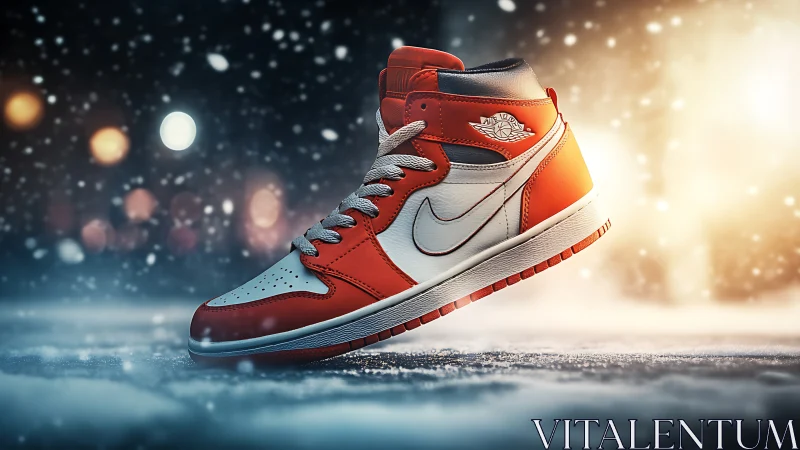 Bold red sneaker floats in glowing winter city lights