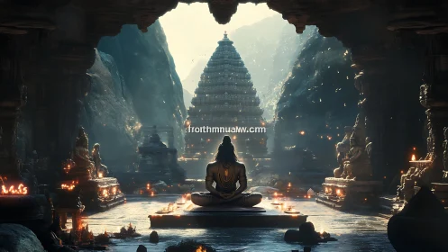 Meditating Shiva silhouette in volumetric lit cavern shrine.