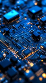 Blue illuminated circuit board with electronic components.