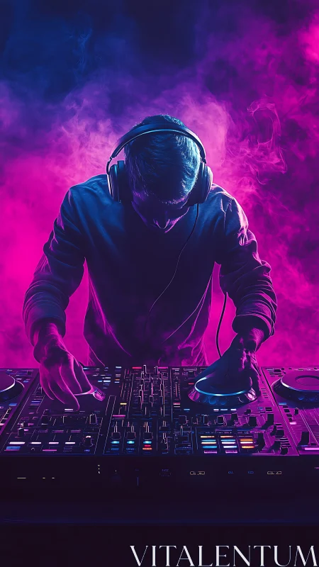 DJ lost in colorful neon beats at an electric night set.