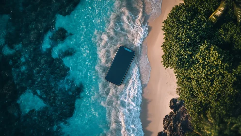 Lone Smartphone Rests on Tropical Shoreline Amid Ocean Waves