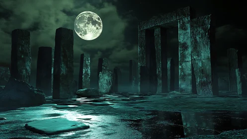 Moonlit ruins beneath misty night sky in teal hues.