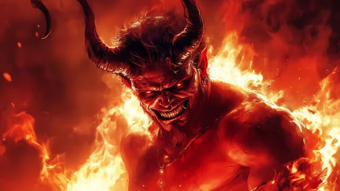 Demonic fire lord emerging from inferno with vicious grin.