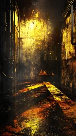 Atmospheric alleyway rendered with volumetric golden light and rust texture