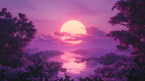 Spectral magenta sunset over reflective lacustrine horizon.