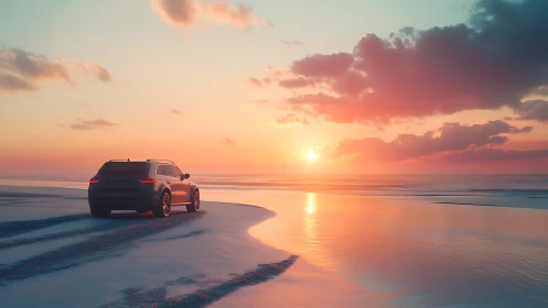 SUV stands on wet beach sand facing a vivid ocean sunset
