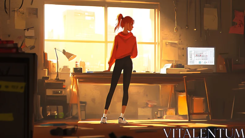 Designer in sunlit studio standing at cluttered work desk.