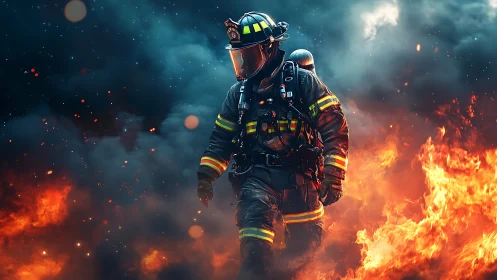 Firefighter in full protective gear surrounded by intense flames