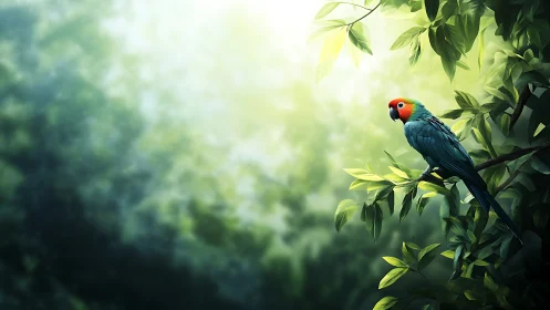 Vibrant red headed parrot perched in sunlit green canopy