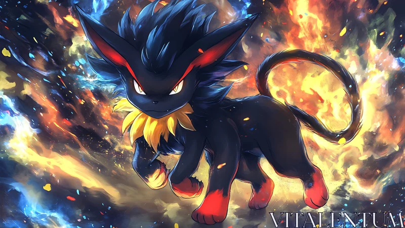 Fiery electric fox creature charging through energy storm.