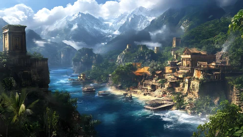 Lost jungle harbor city under towering alpine peaks.