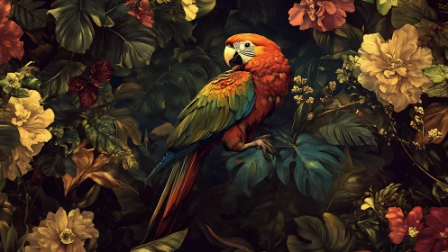 Scarlet macaw rests amid lush tropical flowers and leaves.