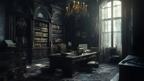 Gloomy antique library office glows under a fading chandelier