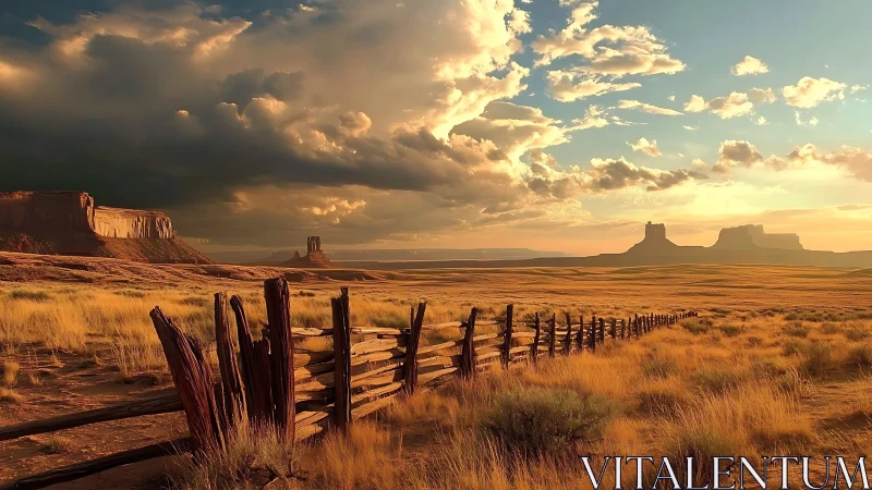 Sunlit desert fence leads toward distant sandstone mesas.