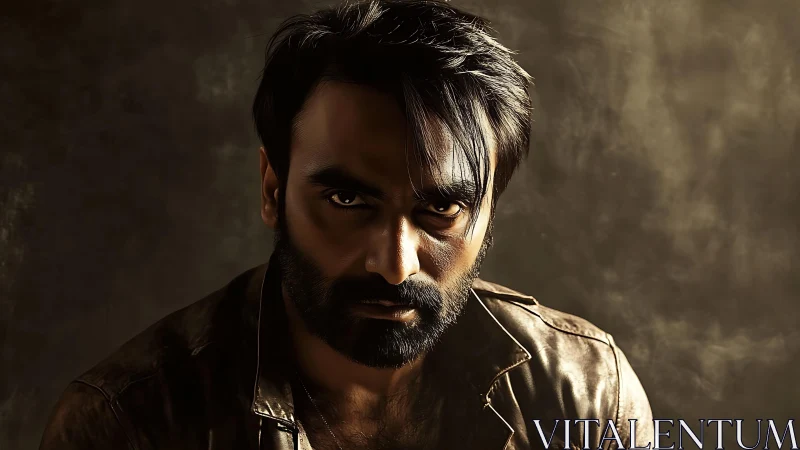 Moody portrait of a bearded man in warm cinematic light.