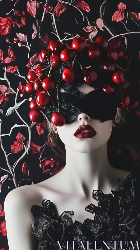 Cherry crowned woman in black lace mask against red vines.