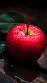 Red apple with dew drops on dark rustic wood surface.