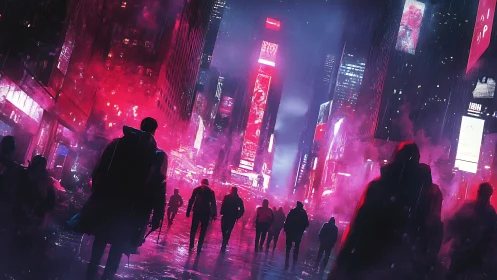 Crowd silhouettes in neon lit futuristic city street at night.