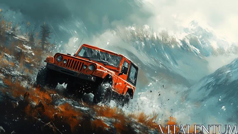 Fiery orange off-road jeep carving through wild mountains.