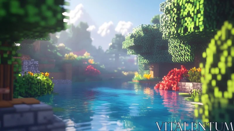Voxel riverside landscape under soft volumetric daylight.