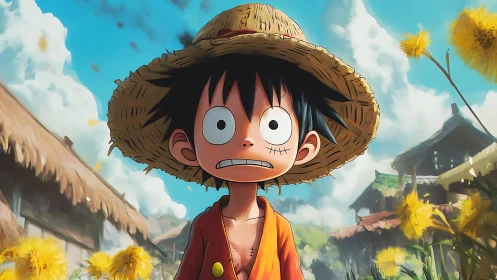 Anime boy with straw hat in sunlit rural village field