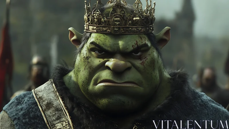 Battle-worn ogre king glares forward in cinematic close-up