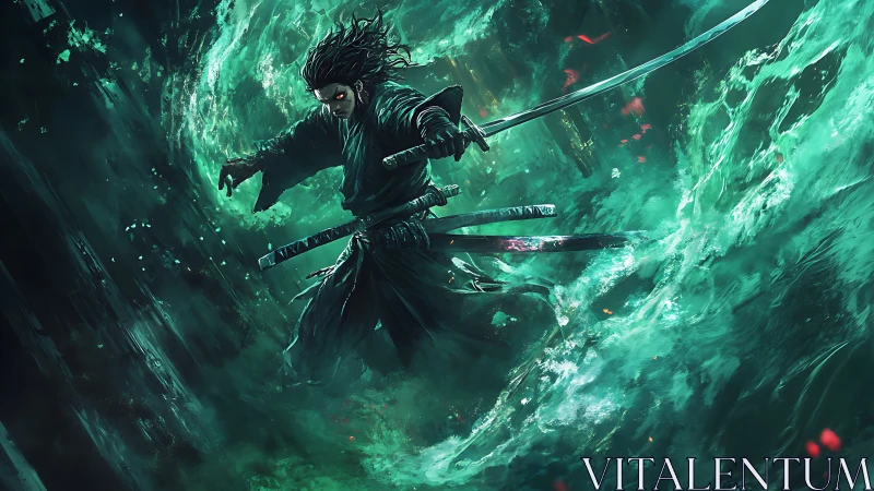 Sword-wielding warrior in teal energy vortex environment.