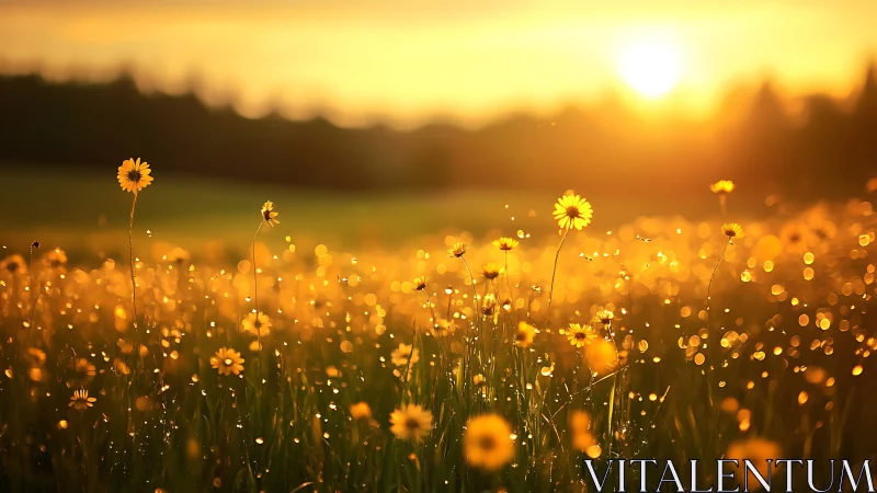 Yellow wildflower field in warm golden sunset light.