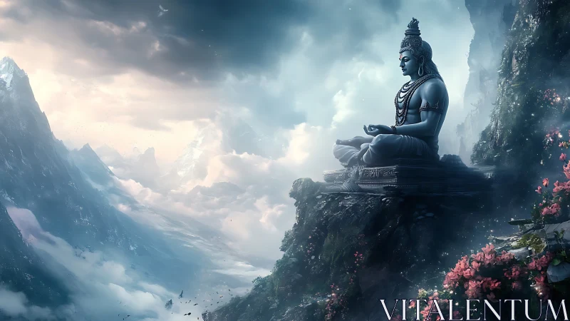 Large stone deity statue sits above clouds in mountain valley