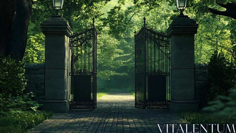 Ornate wrought iron gates frame sunlit garden path ahead.