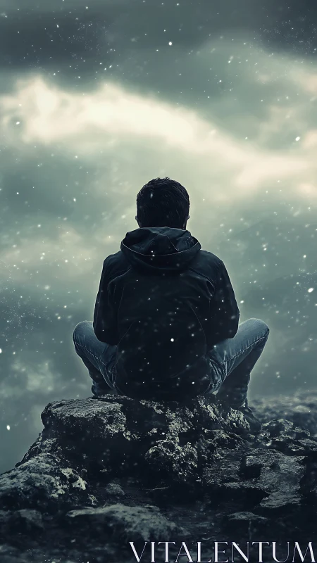 Solitary figure on winter cliff beneath brooding sky.