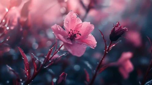 Pink Flowers With Water Droplets In Soft Focus Garden