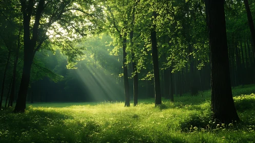 Sunbeams Streaming Through Lush Green Forest in Morning Light.