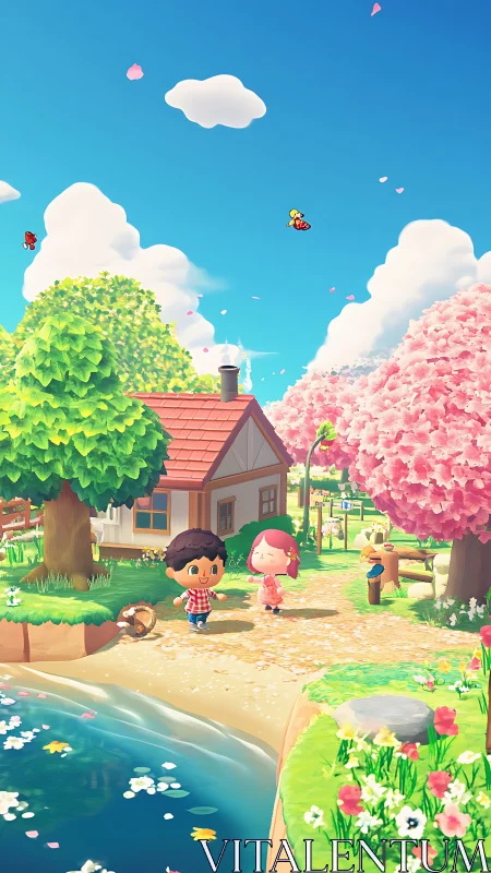 Cozy Village Friends Among Blooming Spring Trees.