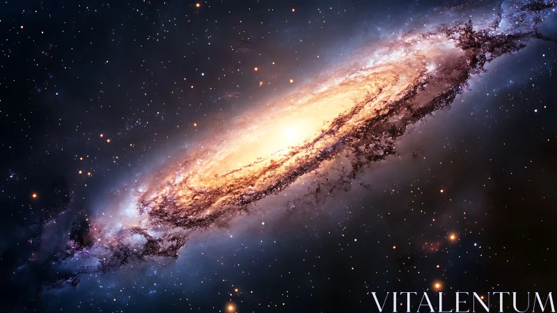 Spiral galaxy rendered with bright core and dust lanes